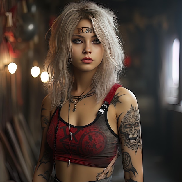 uma mulher com uma tatuagem no braço e uma tatuagem em seu braço