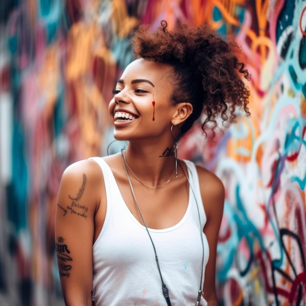 Uma mulher com uma tatuagem no braço está em frente a uma parede grafitada.