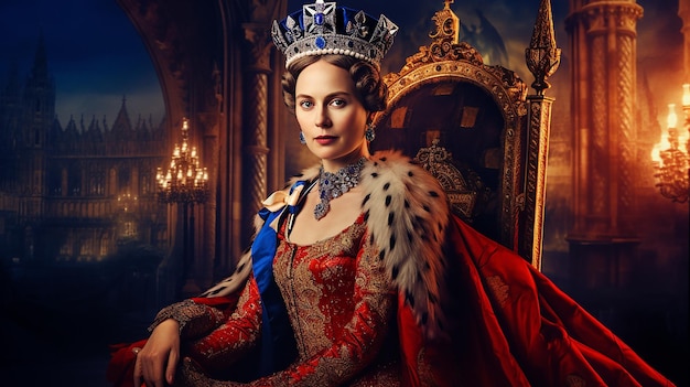 Uma mulher com uma tiara está sentada numa sala com um candelabro e uma coroa.