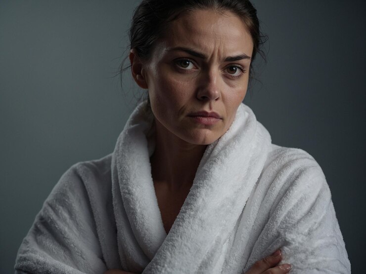 Foto uma mulher com uma toalha braços cruzados com uma ligeira careta 2_1