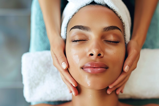 Foto uma mulher com uma toalha branca na cabeça está recebendo uma massagem no rosto