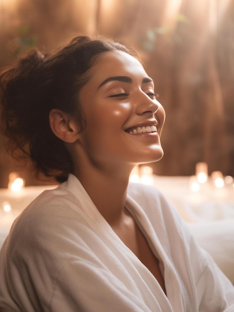 Foto uma mulher com uma toalha branca na cabeça sorri com uma vela acesa atrás do rosto.