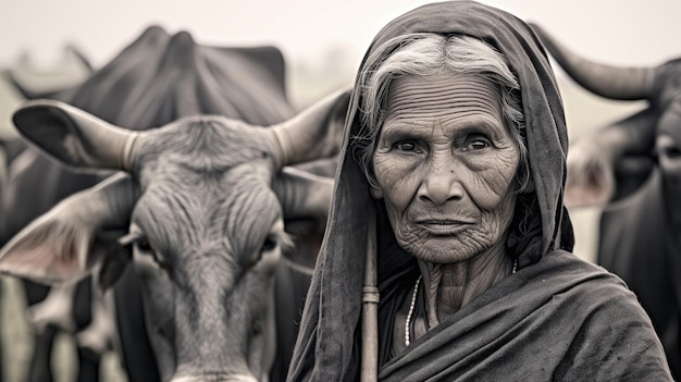 uma mulher com uma vaca