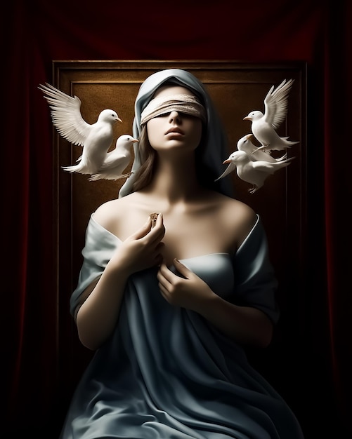 Uma mulher com uma venda na cabeça e três pássaros brancos no peito