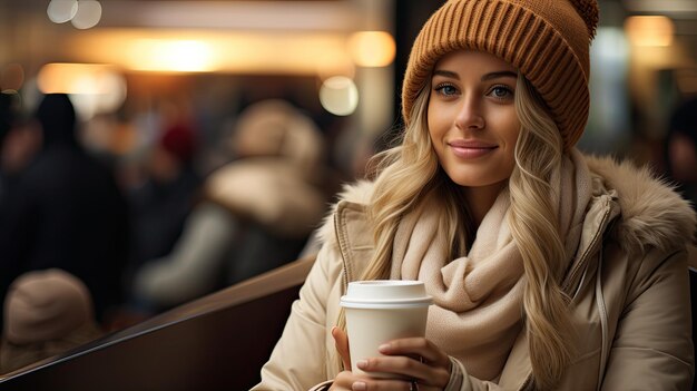 uma mulher com uma xícara de café de inverno saindo