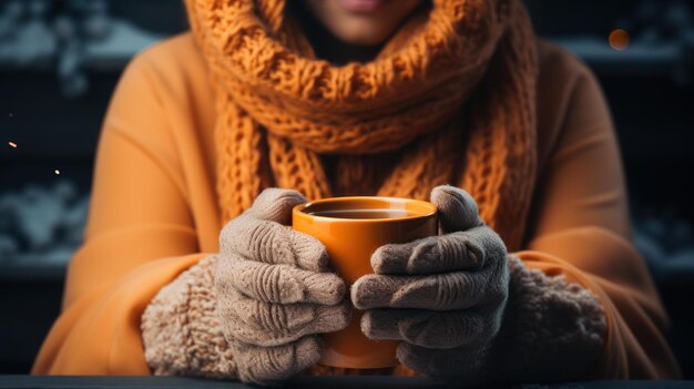 Uma mulher com uma xícara de café quente em um dia frio