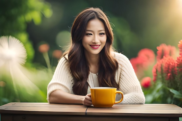 Uma mulher com uma xícara de café