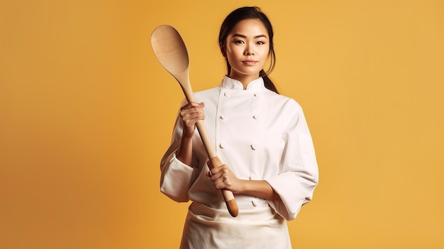 Uma mulher com uniforme de chef segura uma colher de pau.