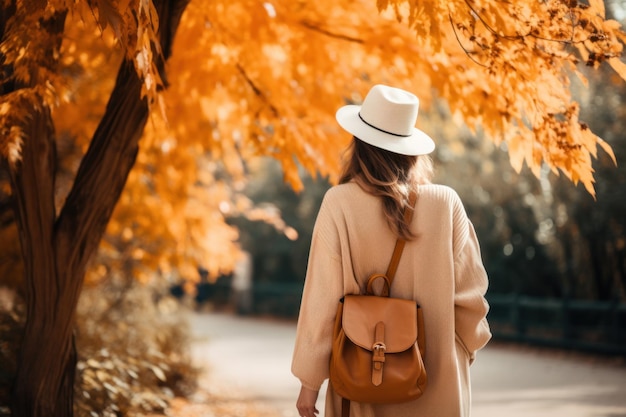 Uma mulher com visual de outono e chapéu caminha pelo parque de outubro