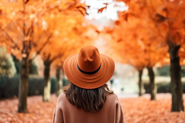 Uma mulher com visual de outono e chapéu caminha pelo parque de outubro