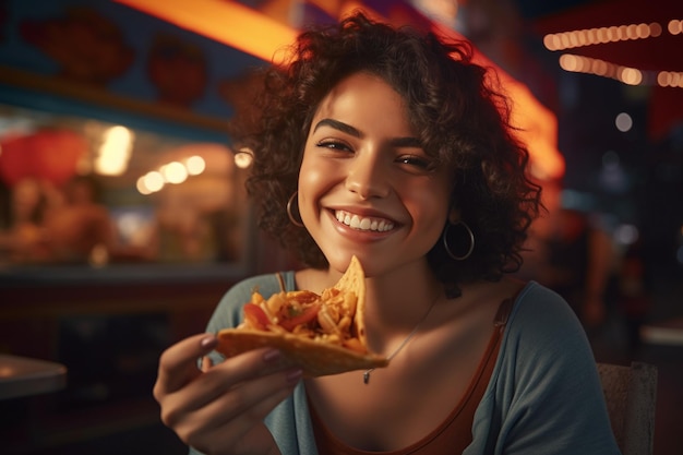 Foto uma mulher comendo pizza em um restaurante