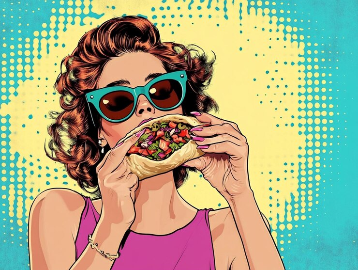 Uma mulher comendo um sanduíche com uma foto de uma mulher comendo uma sanduíche