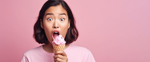 Uma mulher comendo uma casquinha de sorvete rosa.