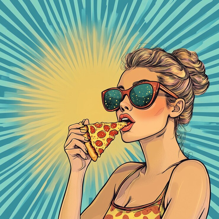 uma mulher comendo uma fatia de pizza com o sol brilhando em seu rosto