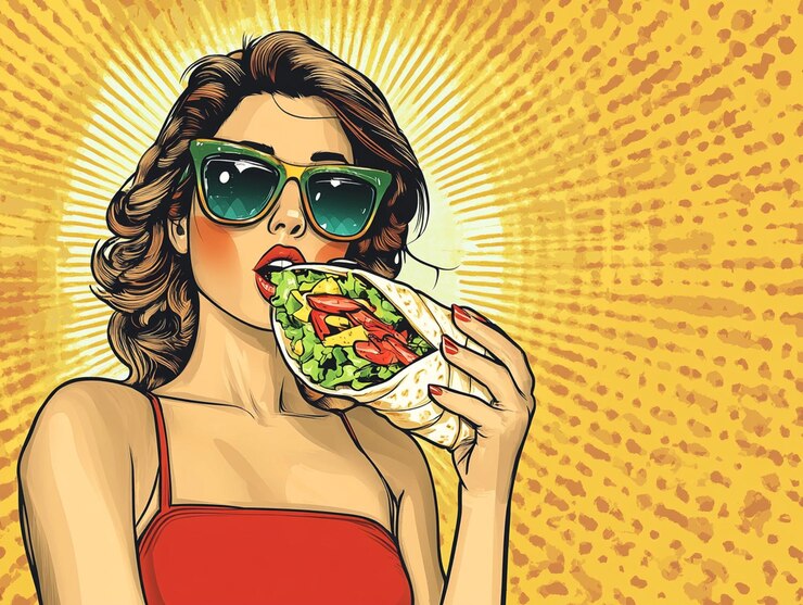 uma mulher comendo uma salada com um sol atrás dela