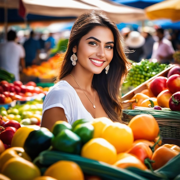 Uma mulher comprando legumes em um mercado com uma cesta de frutas.