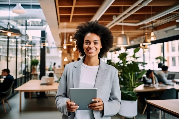 uma mulher confiante num espaço de coworking moderno