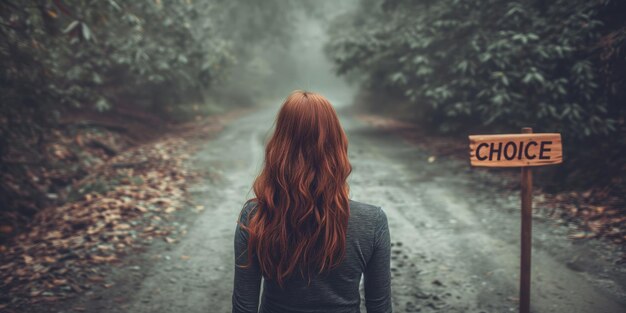 Foto uma mulher confidentemente está em frente a um letreiro que ousadamente diz escolha