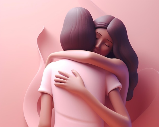 Foto uma mulher cor-de-rosa a abraçar a amiga.