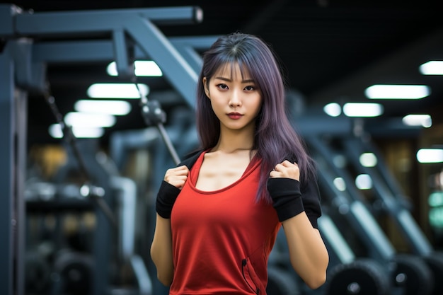 Uma mulher coreana posando em roupas de ginástica contra