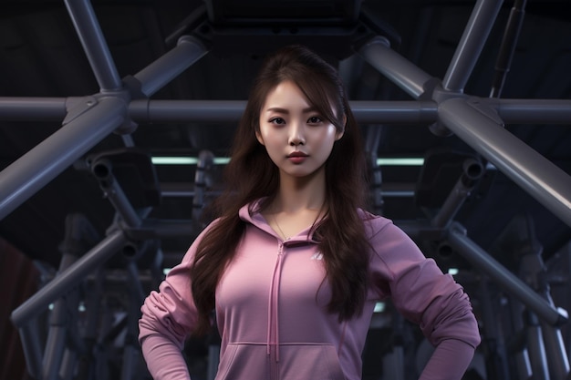 Uma mulher coreana posando em roupas de ginástica contra