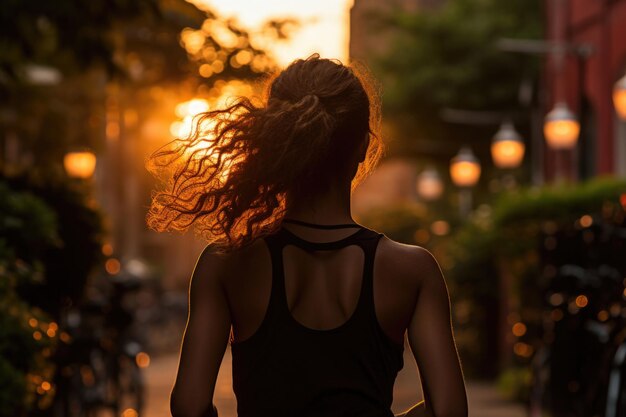 Uma mulher corre em direção aos seus objetivos, seu corpo em silhueta contra o pôr-do-sol, esta é uma imagem motivadora de determinação e realização.