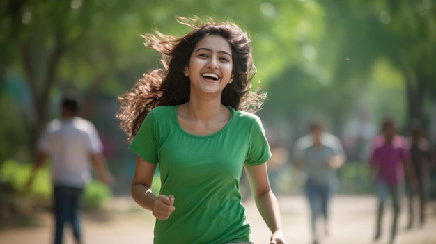 Foto uma mulher corre em um parque com o cabelo ao vento.