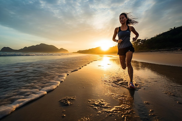 Uma mulher corre em uma praia ao pôr do sol