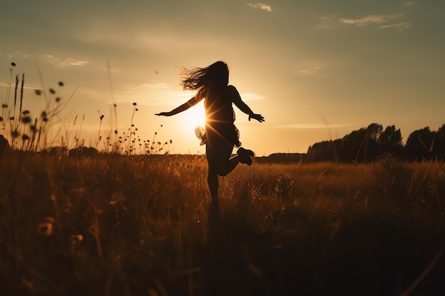 Uma mulher corre por um campo ao pôr do sol.