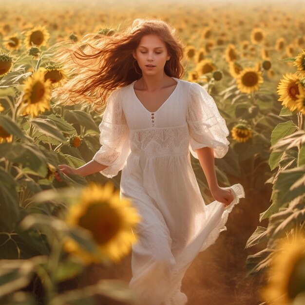 uma mulher corre por um campo de girassol com o cabelo a soprar no vento