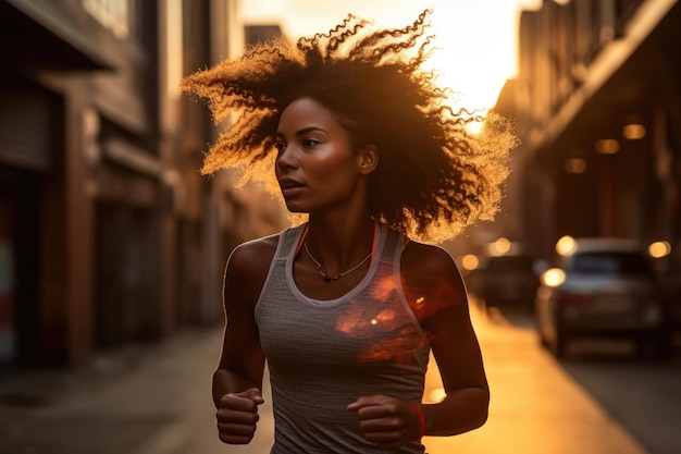 Uma mulher corre por uma rua da cidade banhada na luz dourada do pôr-do-sol esta é uma bela imagem do poder do exercício e dos benefícios da corrida