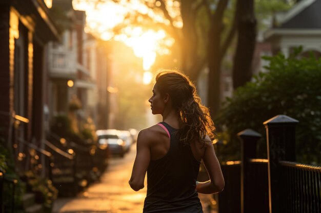 Uma mulher corre por uma rua da cidade banhada na luz dourada do pôr-do-sol esta é uma bela imagem do poder do exercício e dos benefícios da corrida