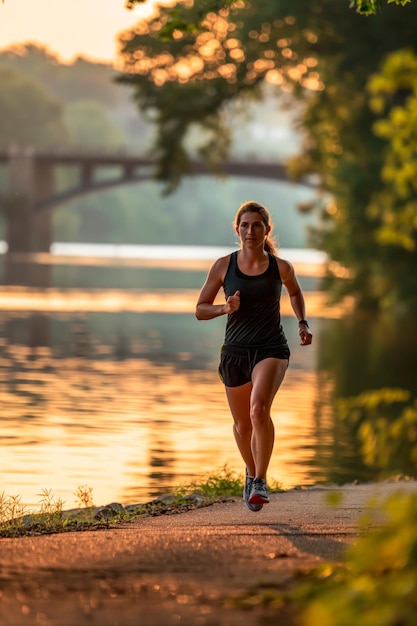 Uma mulher correndo ao longo de um caminho à beira do rio ao amanhecer
