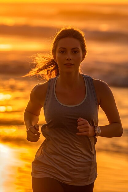 Foto uma mulher correndo ao longo de uma praia de areia ao nascer do sol