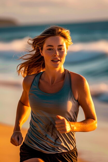 Foto uma mulher correndo ao longo de uma praia de areia ao nascer do sol