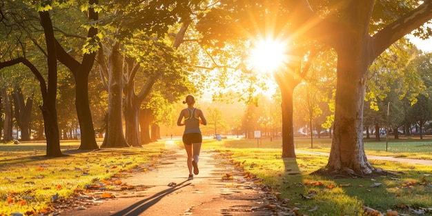 Uma mulher correndo em um parque cênico ao nascer do sol mostrando fitness ao ar livre