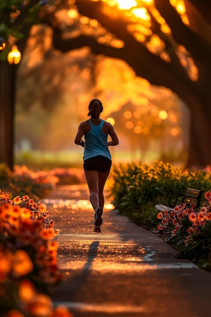Uma mulher correndo em um parque com grama de orvalho sob os pés e a primeira luz da manhã