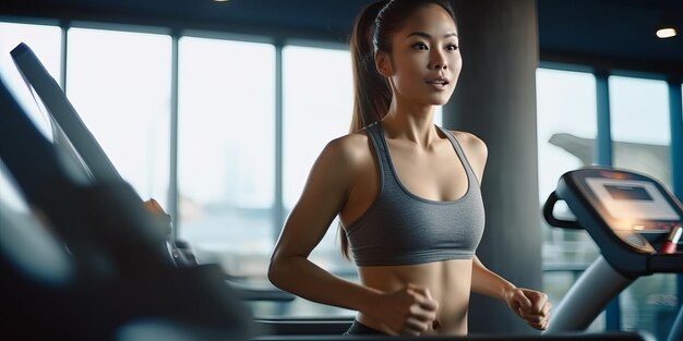 uma mulher correndo em uma esteira photo de uma mulher correndo em uma esteira em uma academia