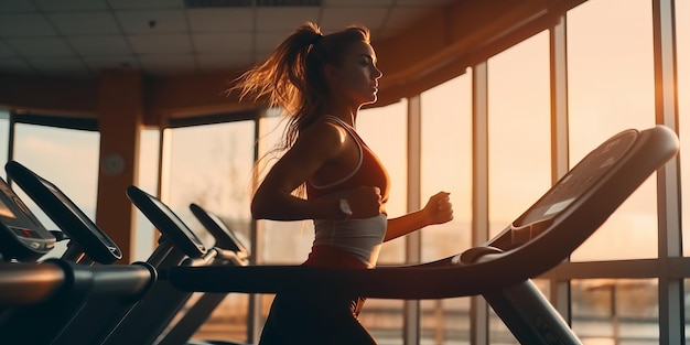 uma mulher correndo em uma esteira photo de uma mulher correndo em uma esteira em uma academia