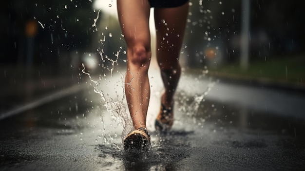 Uma mulher correndo em uma poça com a palavra chuva