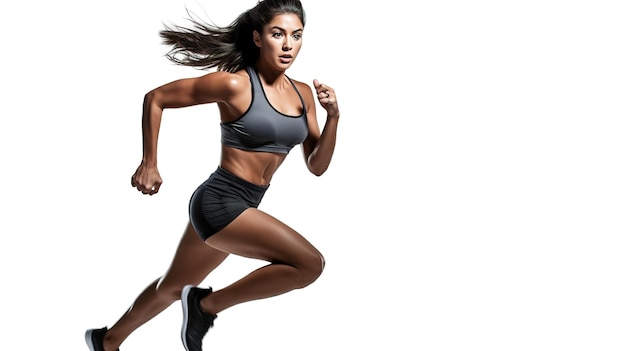 Uma mulher correndo em uma posição de corrida.