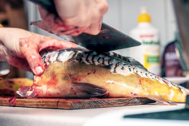 Uma mulher corta peixe com uma faca grande em casa na cozinha