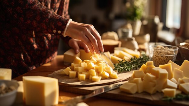 Uma mulher corta vários queijos para o prato de queijo