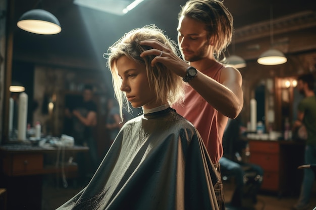 Uma mulher cortando habilmente o cabelo de outra mulher em uma barbearia movimentada Um cabeleireiro cortando o cabelo de uma jovem em um salão de beleza