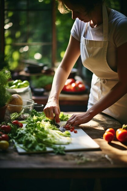 uma mulher cortando legumes em uma tábua