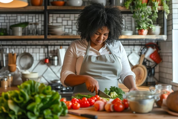 Foto uma mulher cortando vegetais em uma tábua de corte