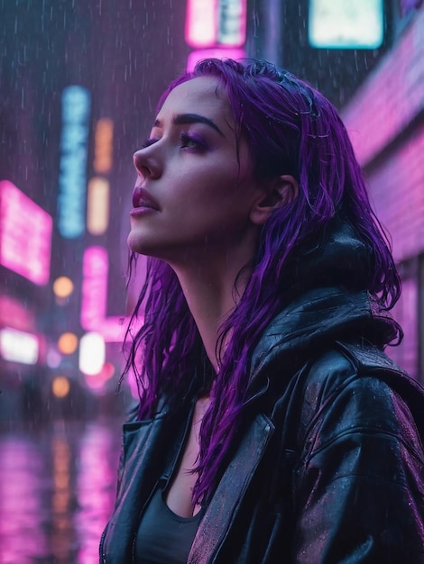 Foto uma mulher cyberpunk a chorar no fim da rua.