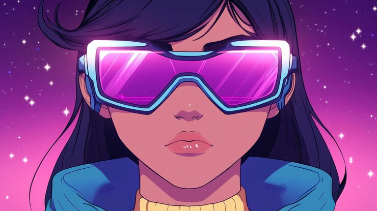 Foto uma mulher cyberpunk com óculos refletores exalando uma vibração futurista