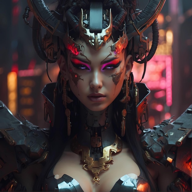 Uma mulher cyberpunk épica, um demónio, uma personagem de sci-fi.