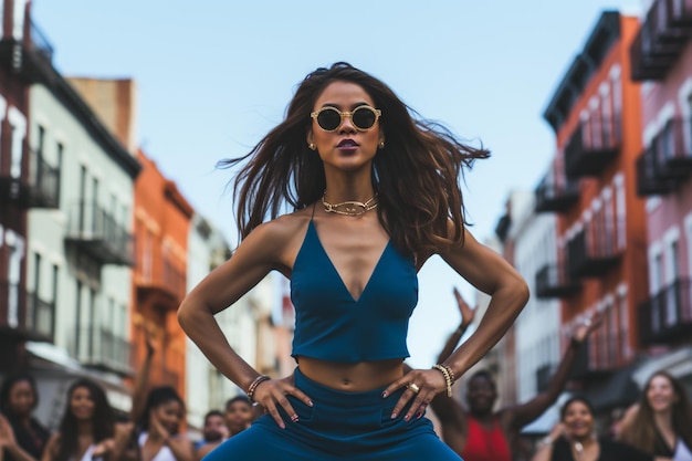 Uma mulher dançando na frente de uma multidão de pessoas dançando na rua